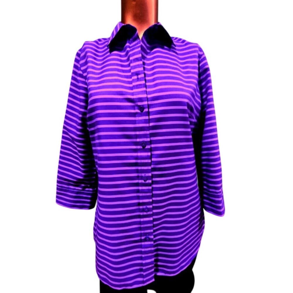 Coldwater Creek Purple Striped 3/4‎ Sleeve Shirt - Size 8
